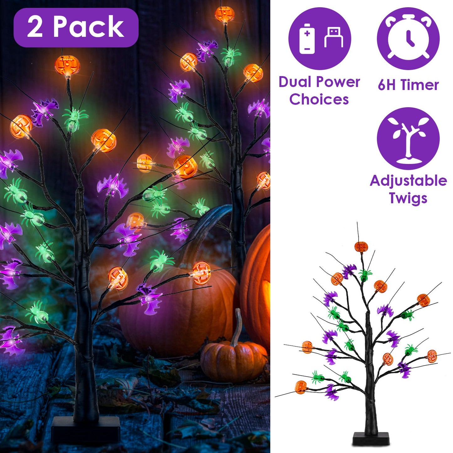Lighted Halloween Tree 2-Pack with Timer & Adjustable Branches