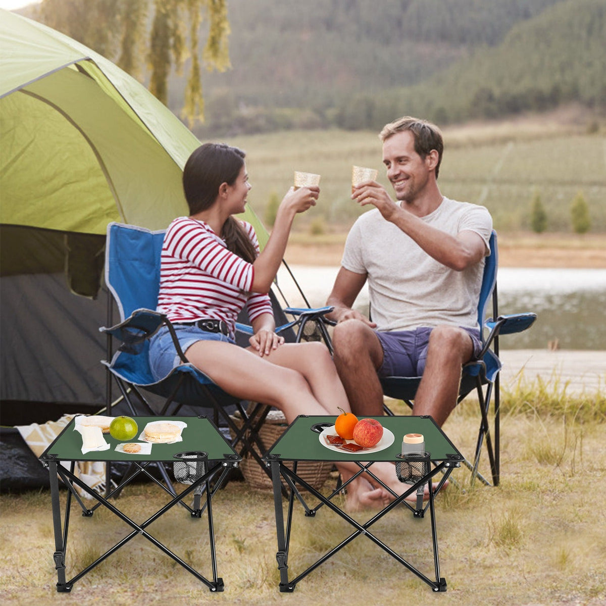 2Pcs Foldable Camping Table Portable Picnic Table Lightweight Travel Desk with 2 Cup Holders/Table Carrying Bag