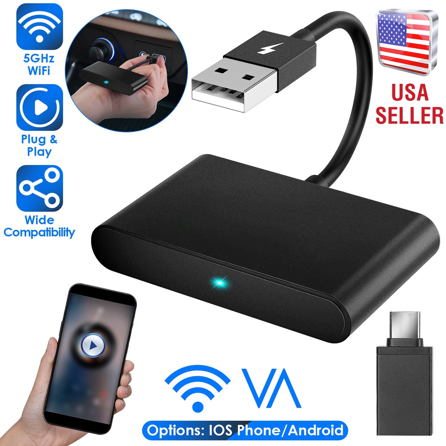 Wireless CarPlay Adapter for iPhone & Android - 5GHz WiFi