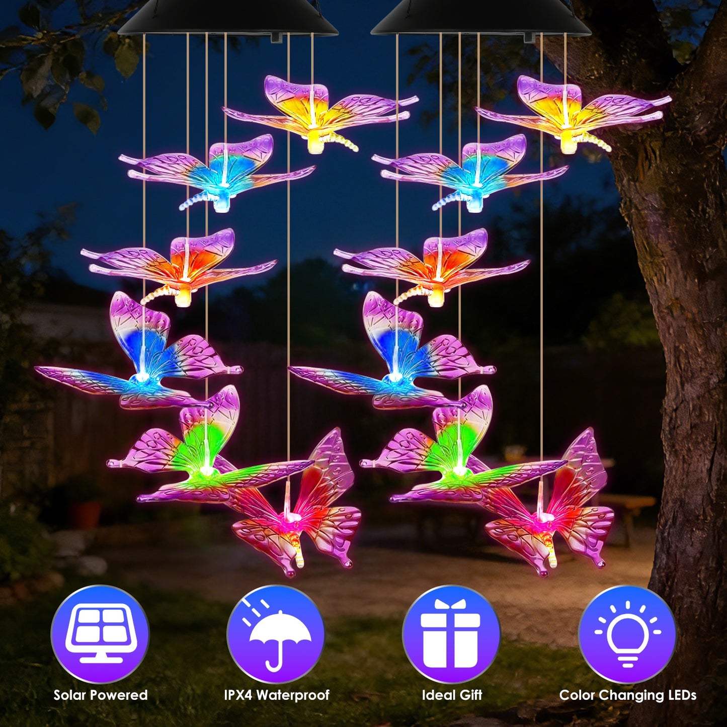 Solar Butterfly Wind Chimes with Color Changing LED Lights
