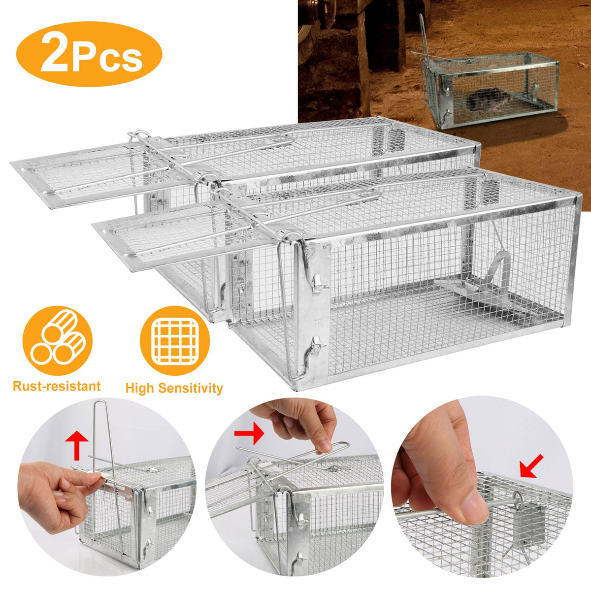 2 Pack Rat Trap Cage Humane Live Rodent Trap Cage Galvanized Iron Mice Mouse Control Bait Catch with Detachable U Shaped Rod
