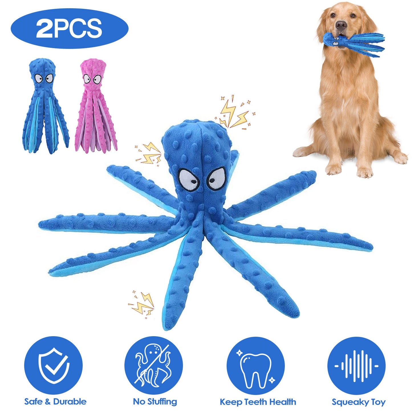 Squeaky Octopus Dog Toy Set - No Stuffing Crinkle Plush