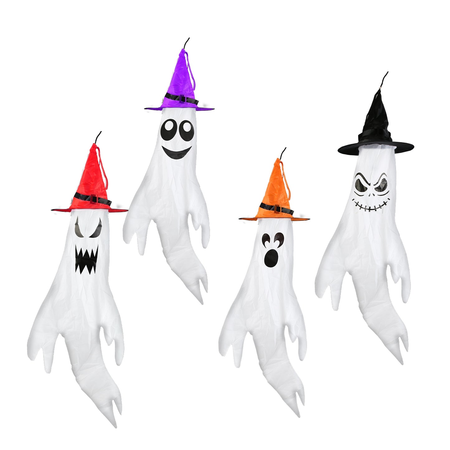 Halloween Ghost Windsocks with Witch Hats & LED Lights (4-Pack)