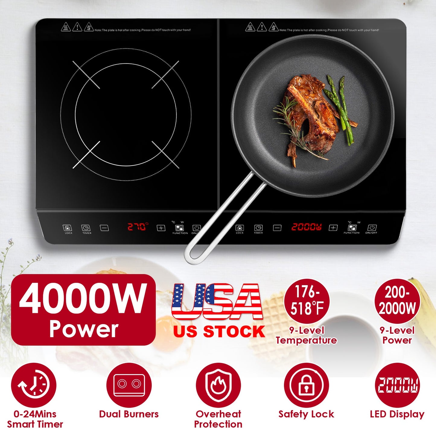 Dual Induction Cooktop 4000W Portable Electric Double Burner