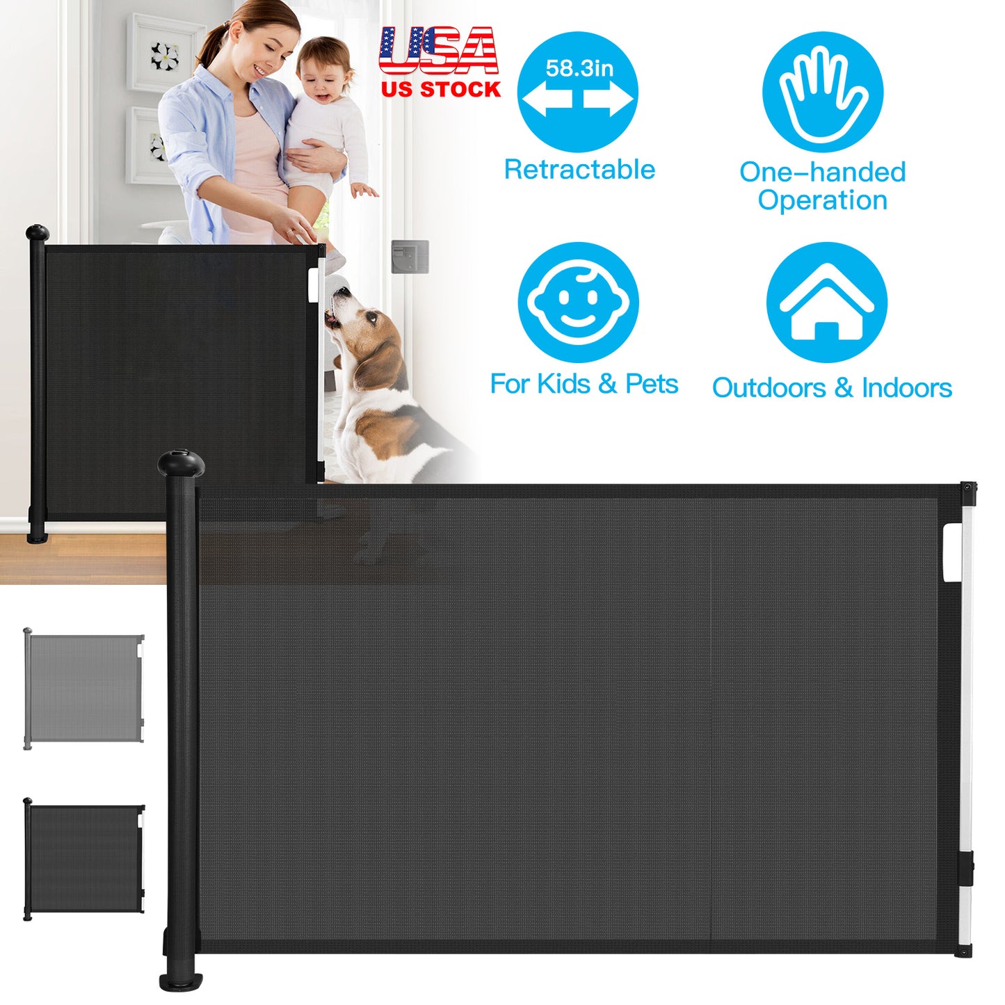 Retractable Baby Gate 58.3" Wide for Stairs & Doorways