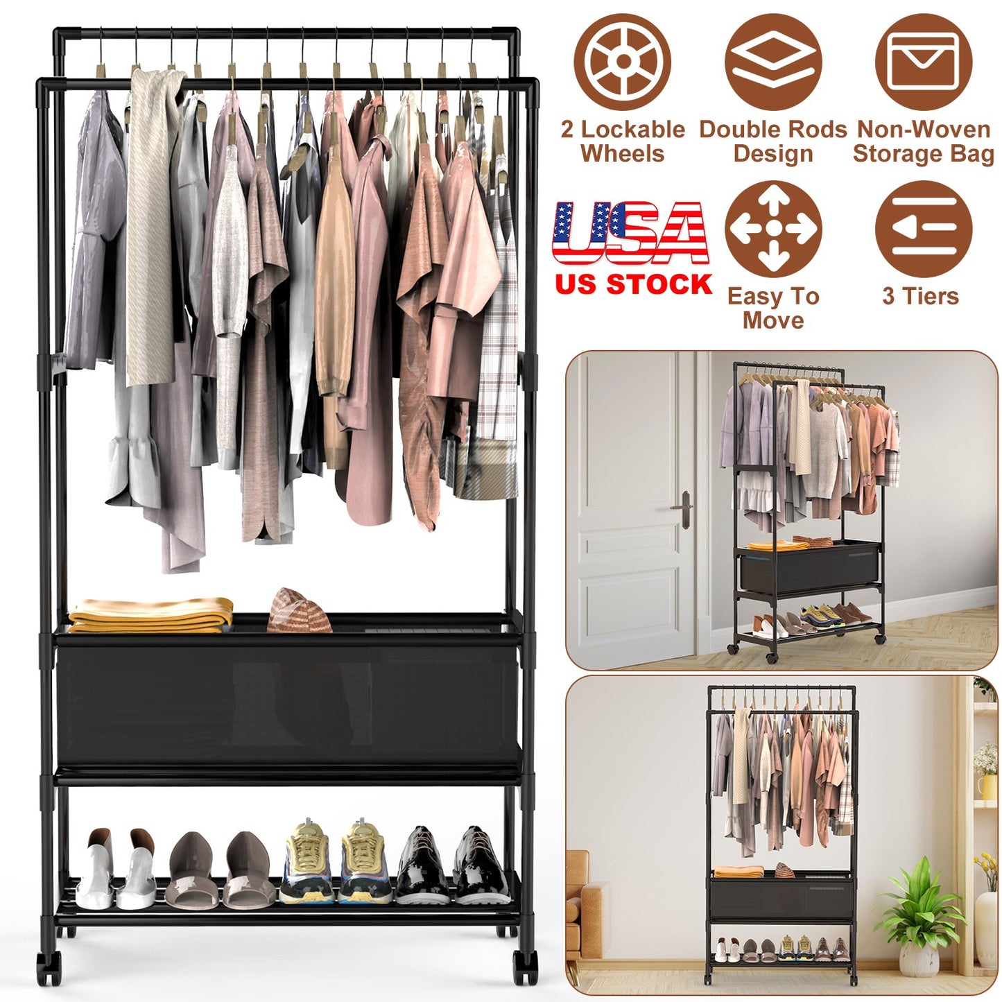 Double Rod Garment Rack with Storage Bag and Lockable Wheels