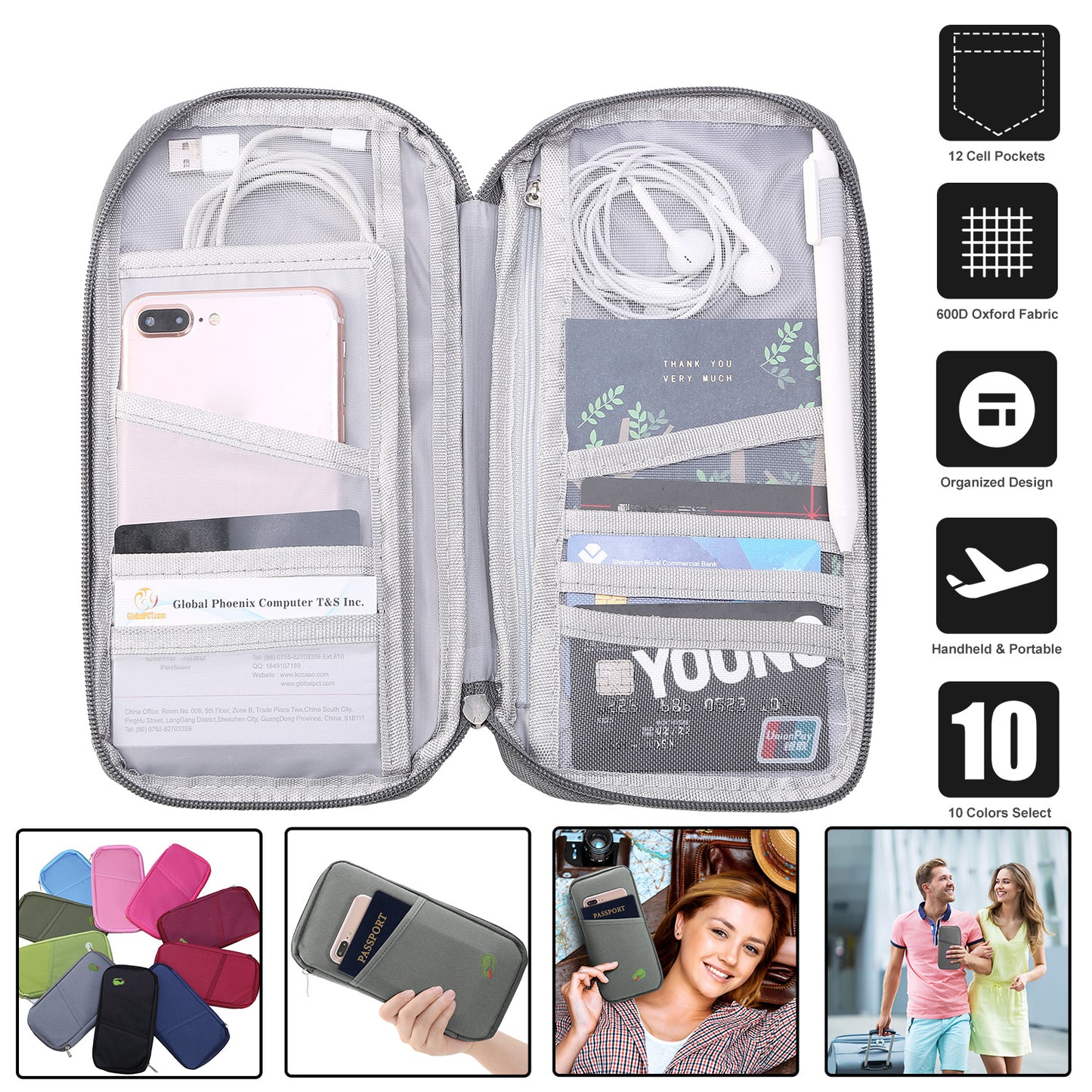 Travel Passport Wallet 12Cells Ticket ID Credit Card Holder Water Repellent Documents Phone Organizer Zipper Case Business Trip Daily Use