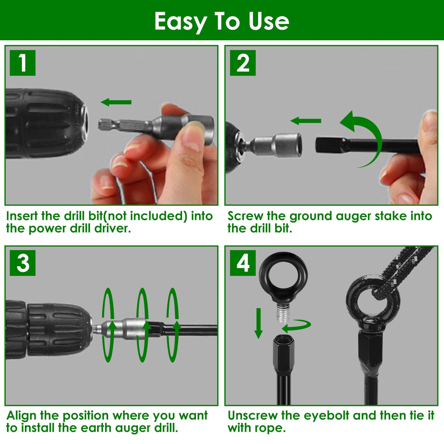 Ground Auger Stakes 4-Pack Heavy Duty 18" Steel Drill Bits