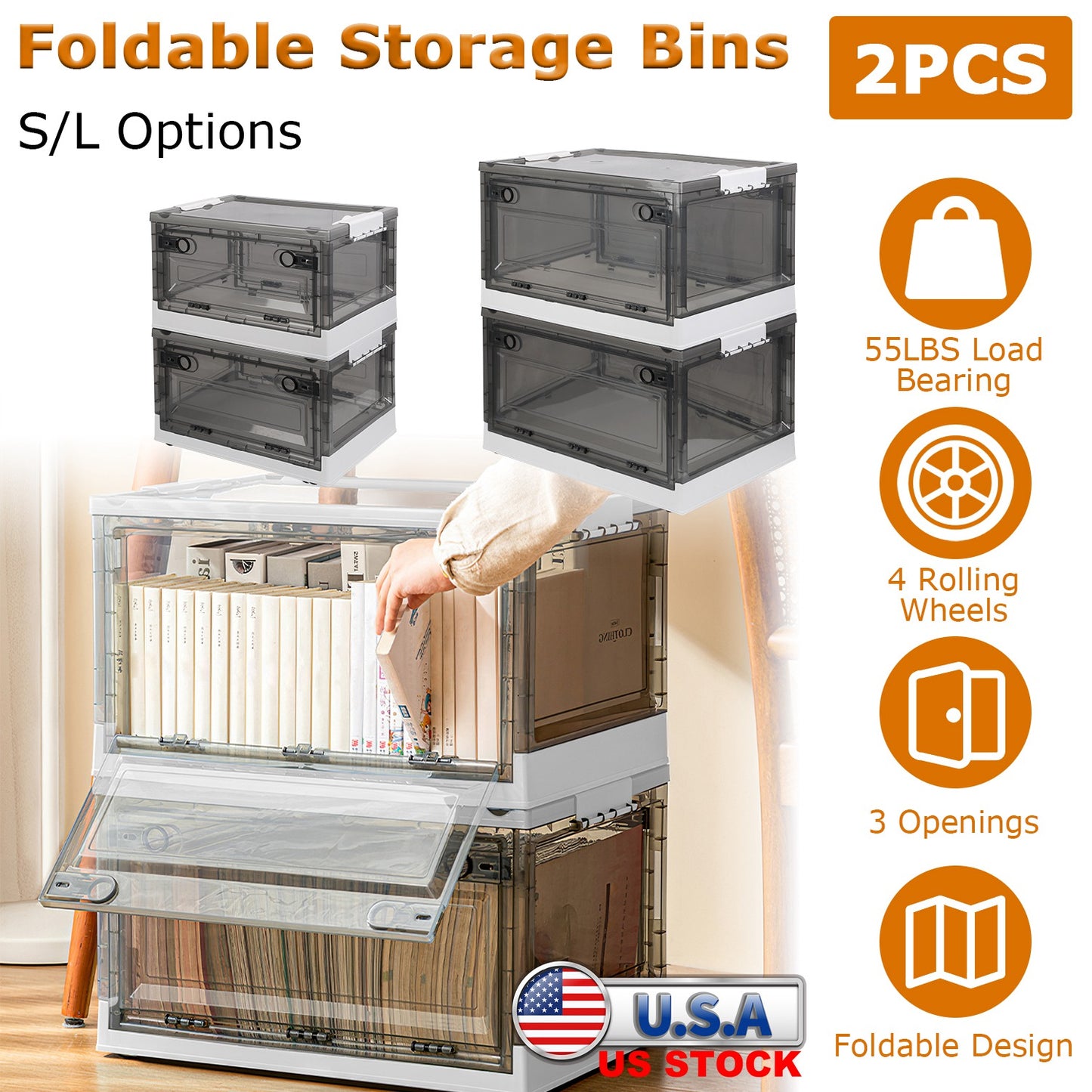 Foldable Storage Bins with Wheels - 2 Pack Stackable Organizer