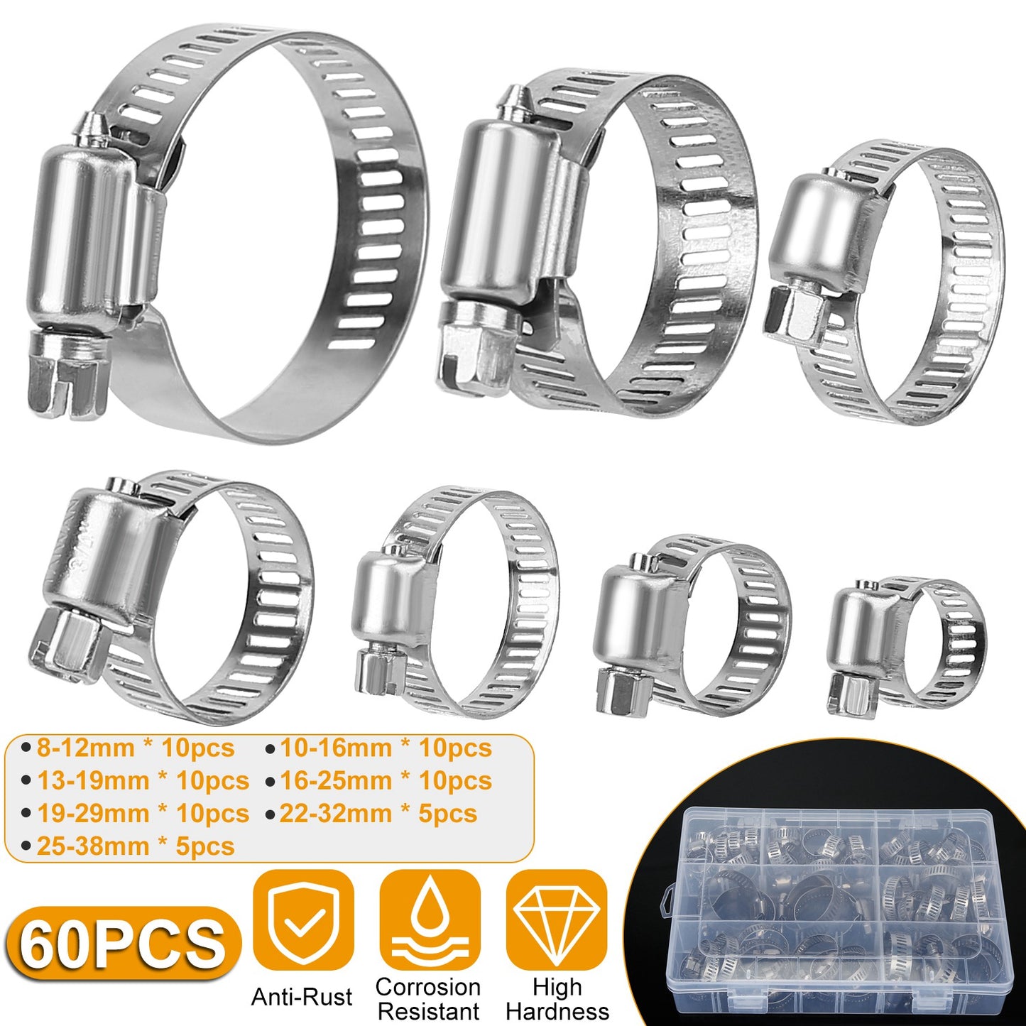 Hose Clamp Set 60-Piece Stainless Steel Adjustable Kit