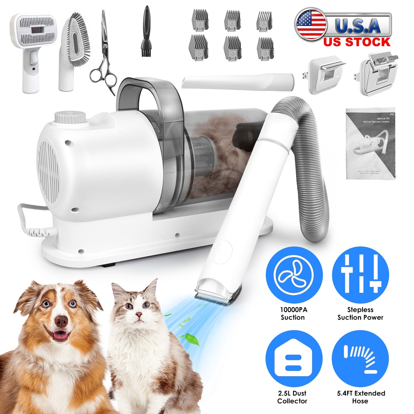 Pet Grooming Vacuum Kit with 7 Tools & 10000PA Suction