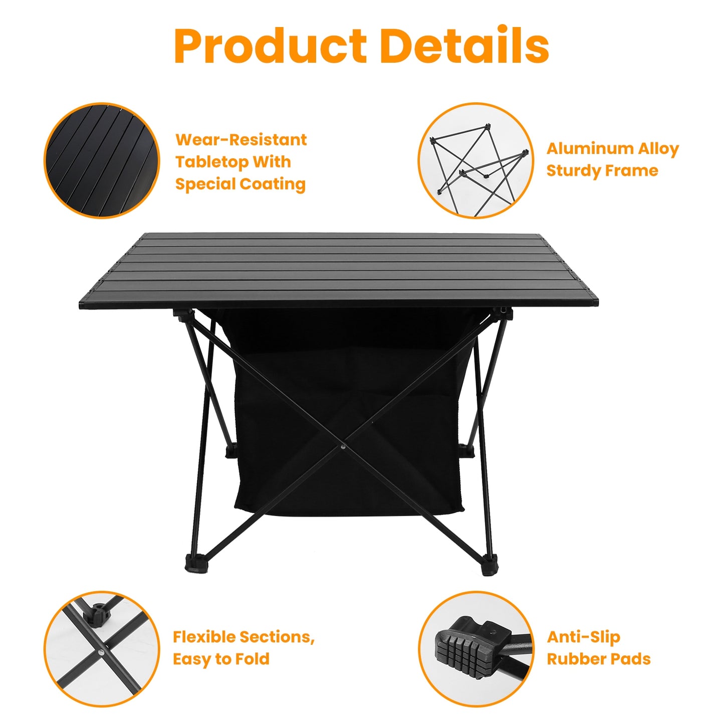 Foldable Camping Table with Storage Basket and Carrying Bag