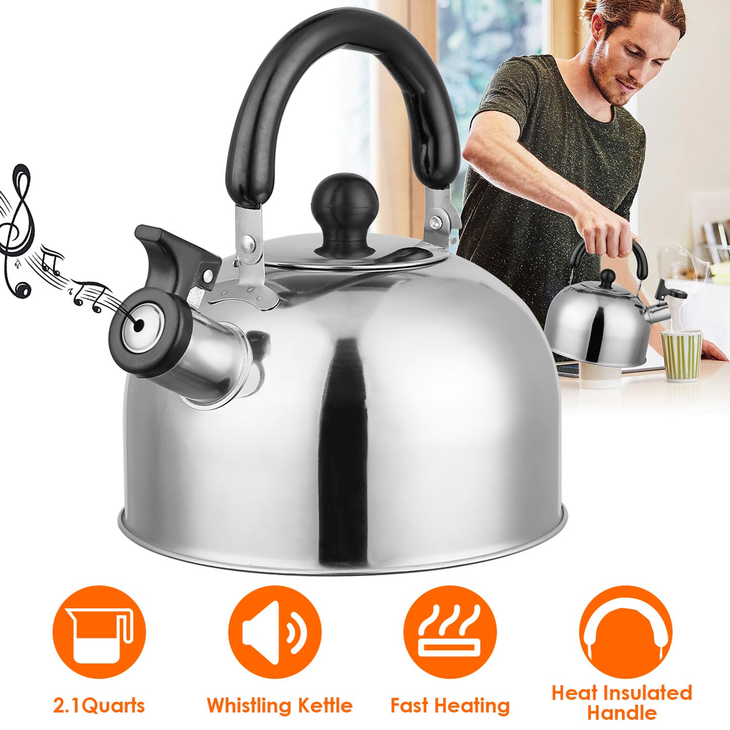 Whistling Tea Kettle 2.1 Quart Stainless Steel Stovetop