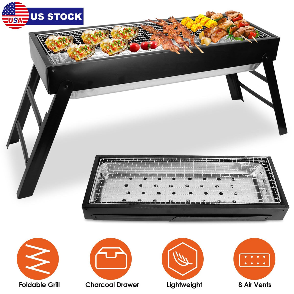 Foldable Charcoal BBQ Grill Stainless Steel Grill Net Easy Setup Portable Tabletop Barbecue Grill for Camping Picnic Outdoor Party Backyard