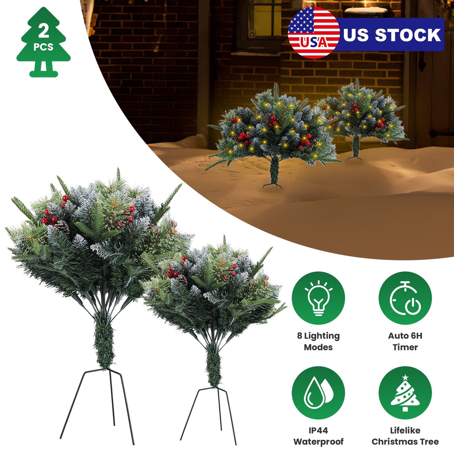 LED Christmas Tree Urn Filler with Lights and Timer - 2 Pack