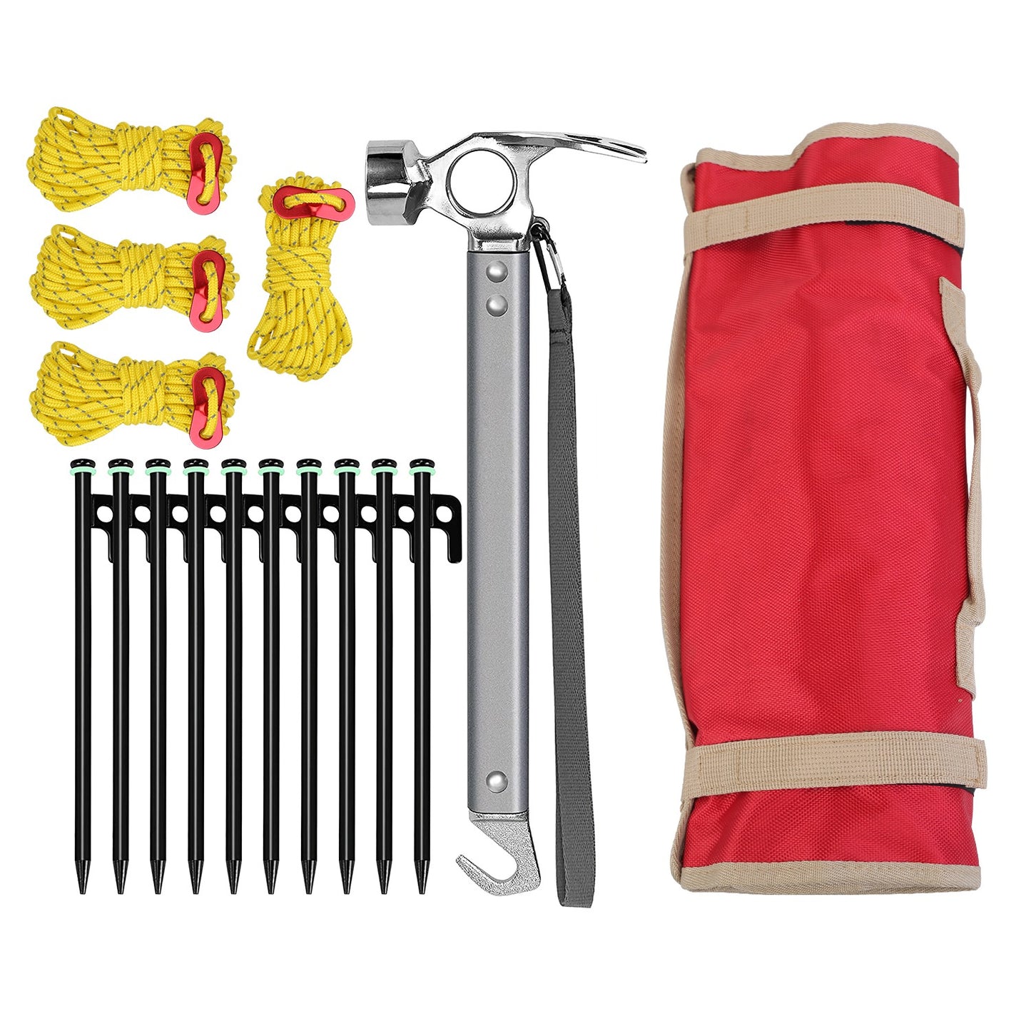 Tent Stakes Kit with Hammer and Reflective Ropes - 10 Stakes