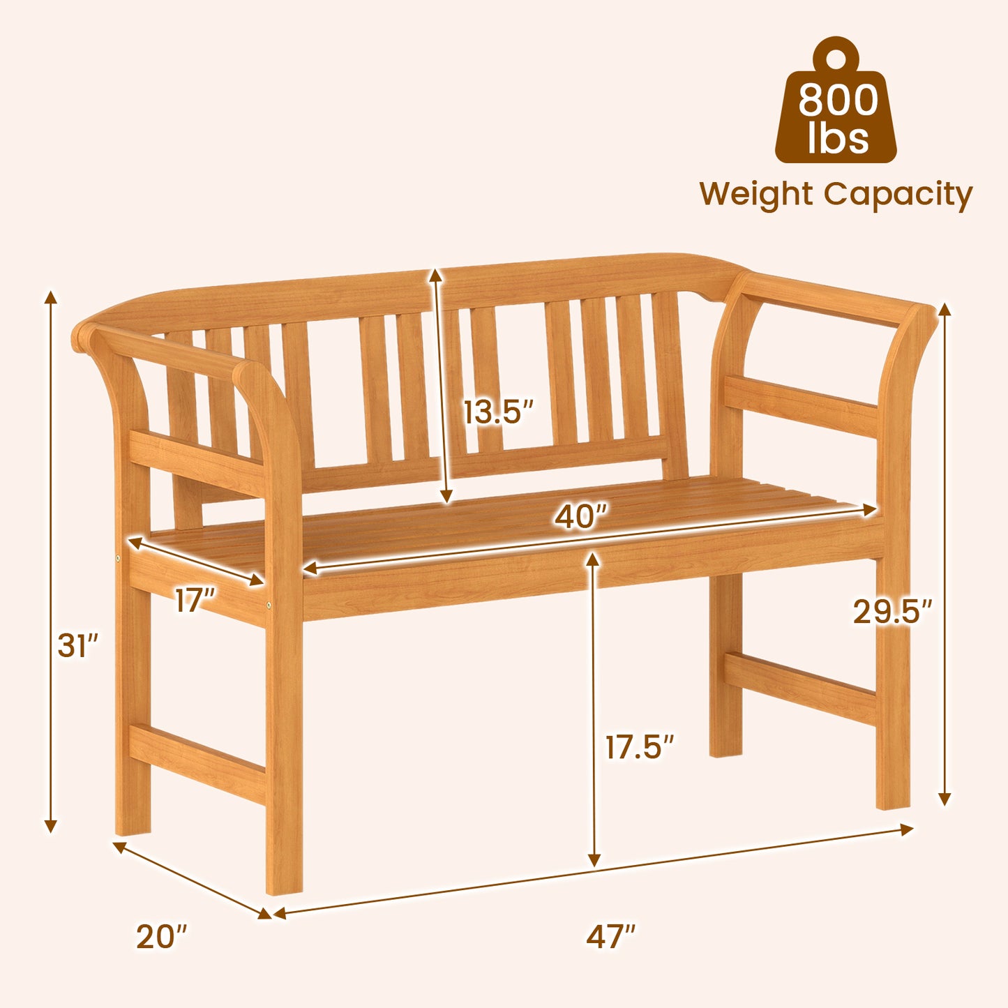 Acacia Wood 2-Person Patio Loveseat Bench with Armrests