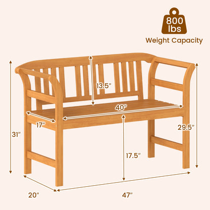 Acacia Wood 2-Person Patio Loveseat Bench with Armrests