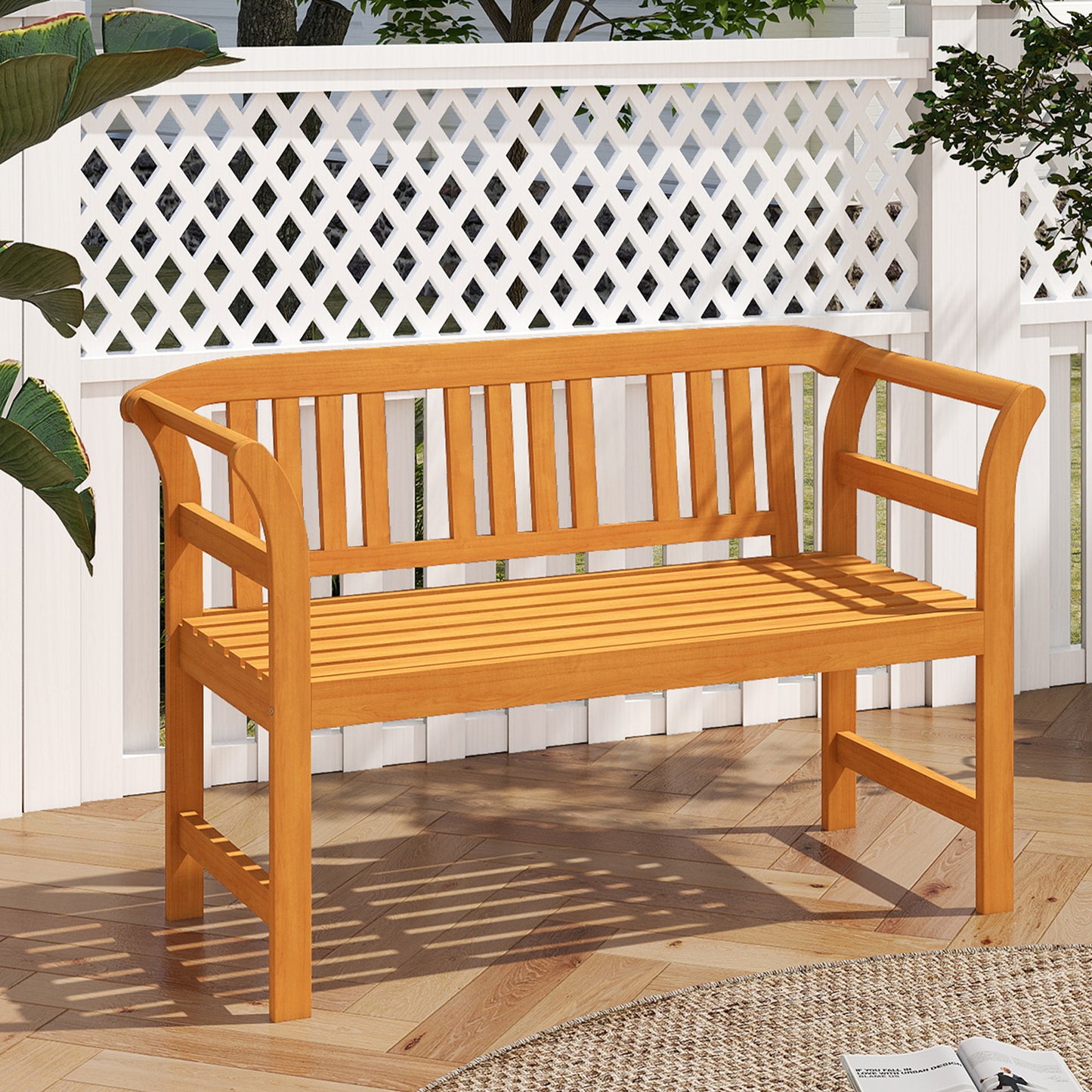 Acacia Wood 2-Person Patio Loveseat Bench with Armrests