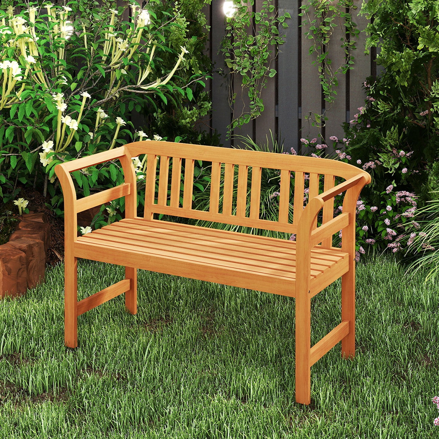 Acacia Wood 2-Person Patio Loveseat Bench with Armrests