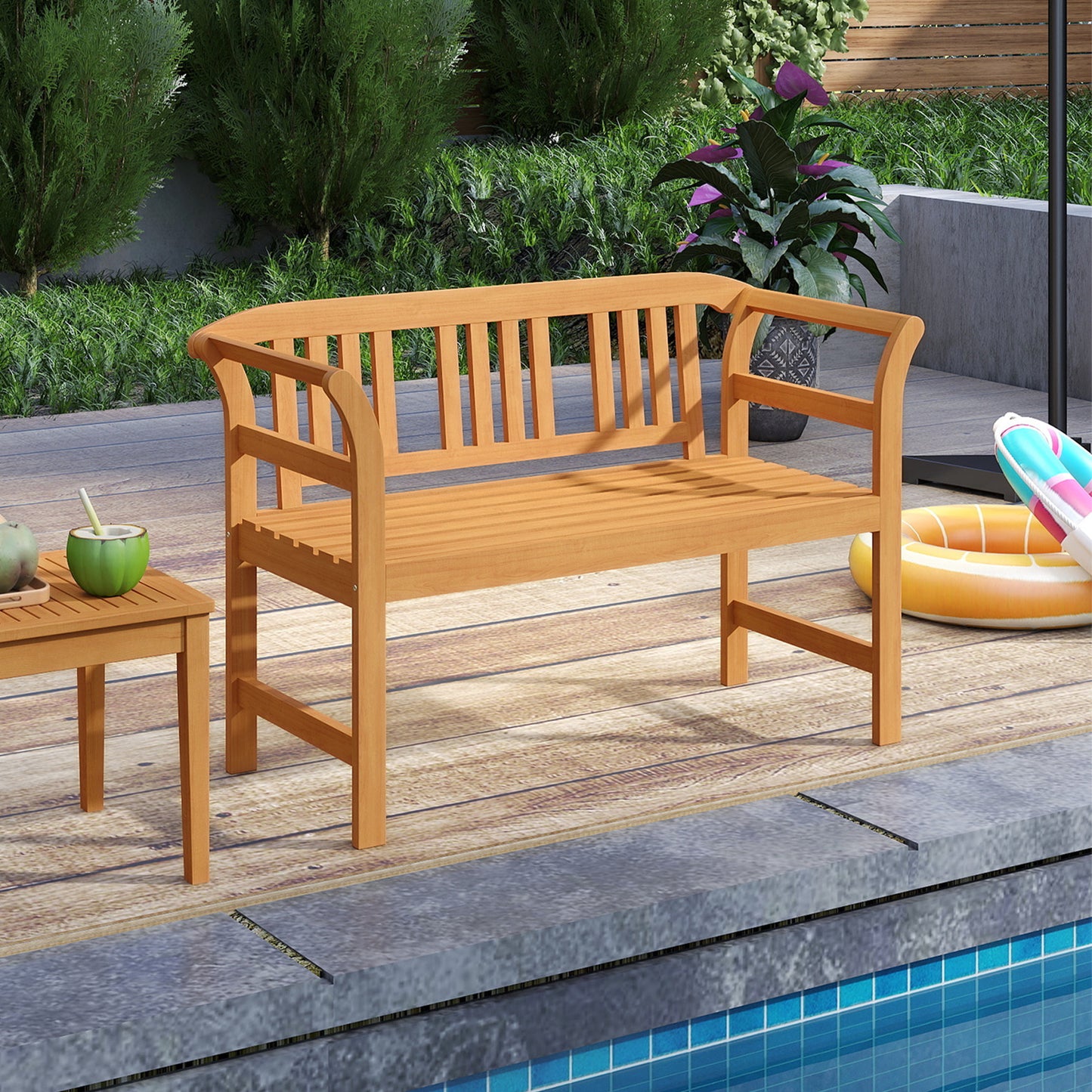 Acacia Wood 2-Person Patio Loveseat Bench with Armrests