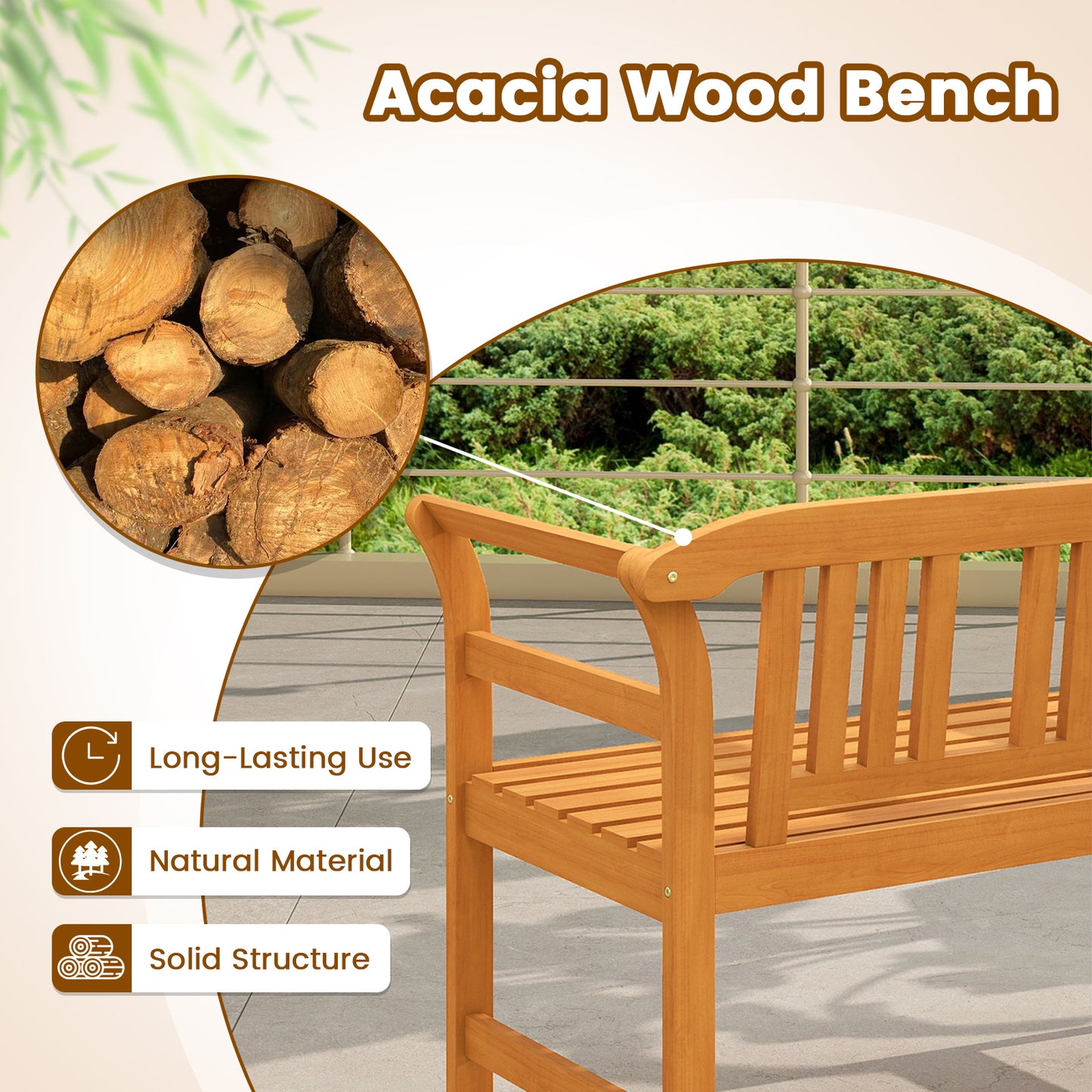 Acacia Wood 2-Person Patio Loveseat Bench with Armrests