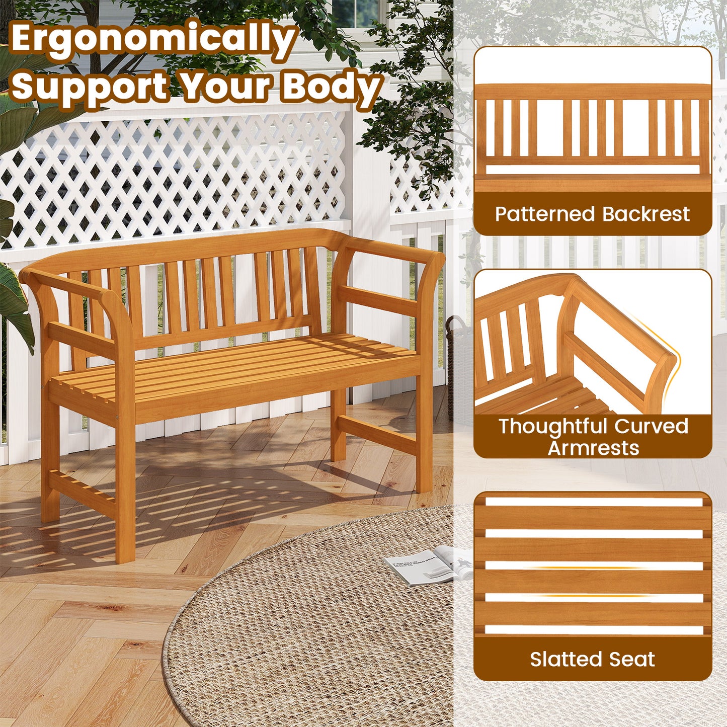 Acacia Wood 2-Person Patio Loveseat Bench with Armrests