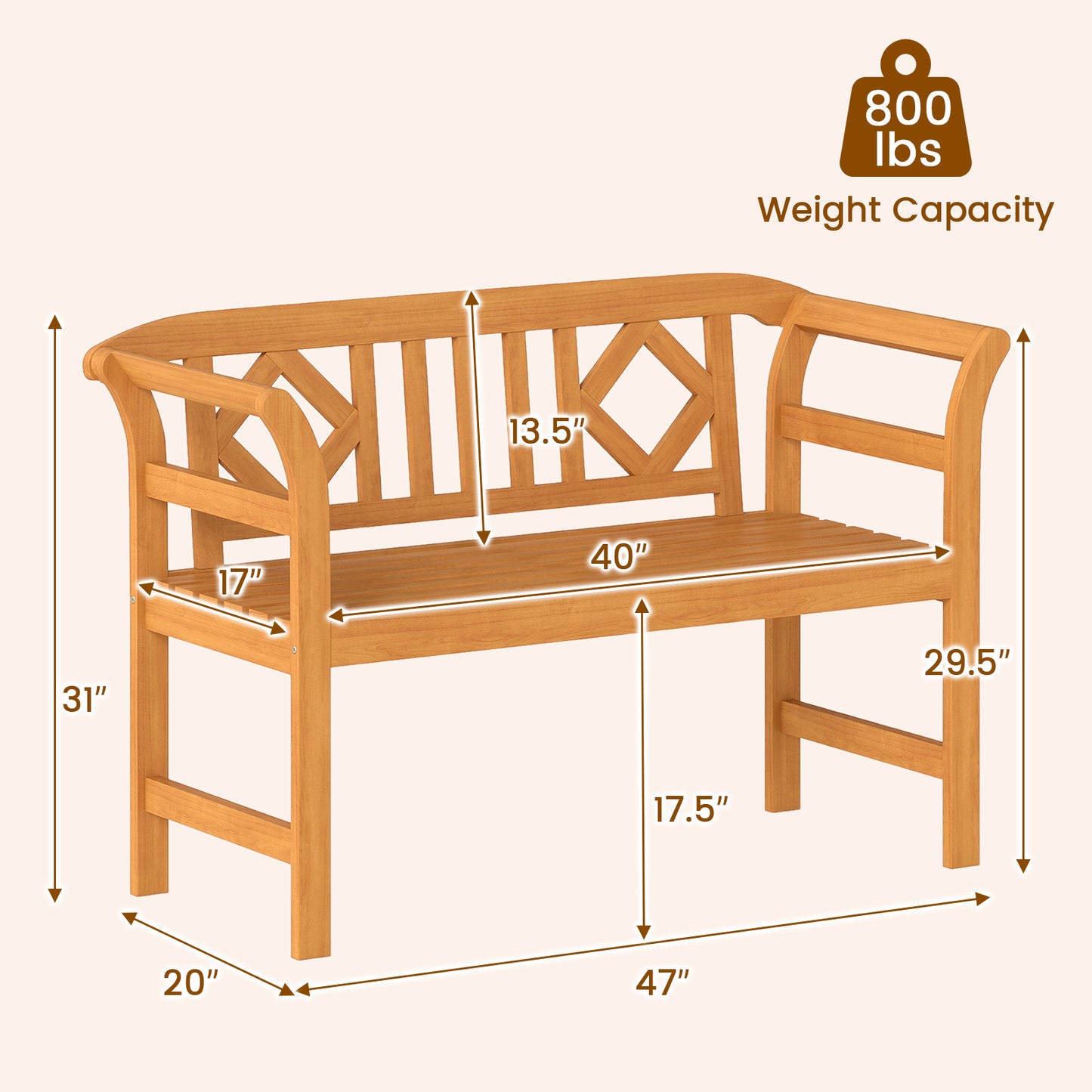 Acacia Wood 2-Person Patio Loveseat with Backrest & Armrests