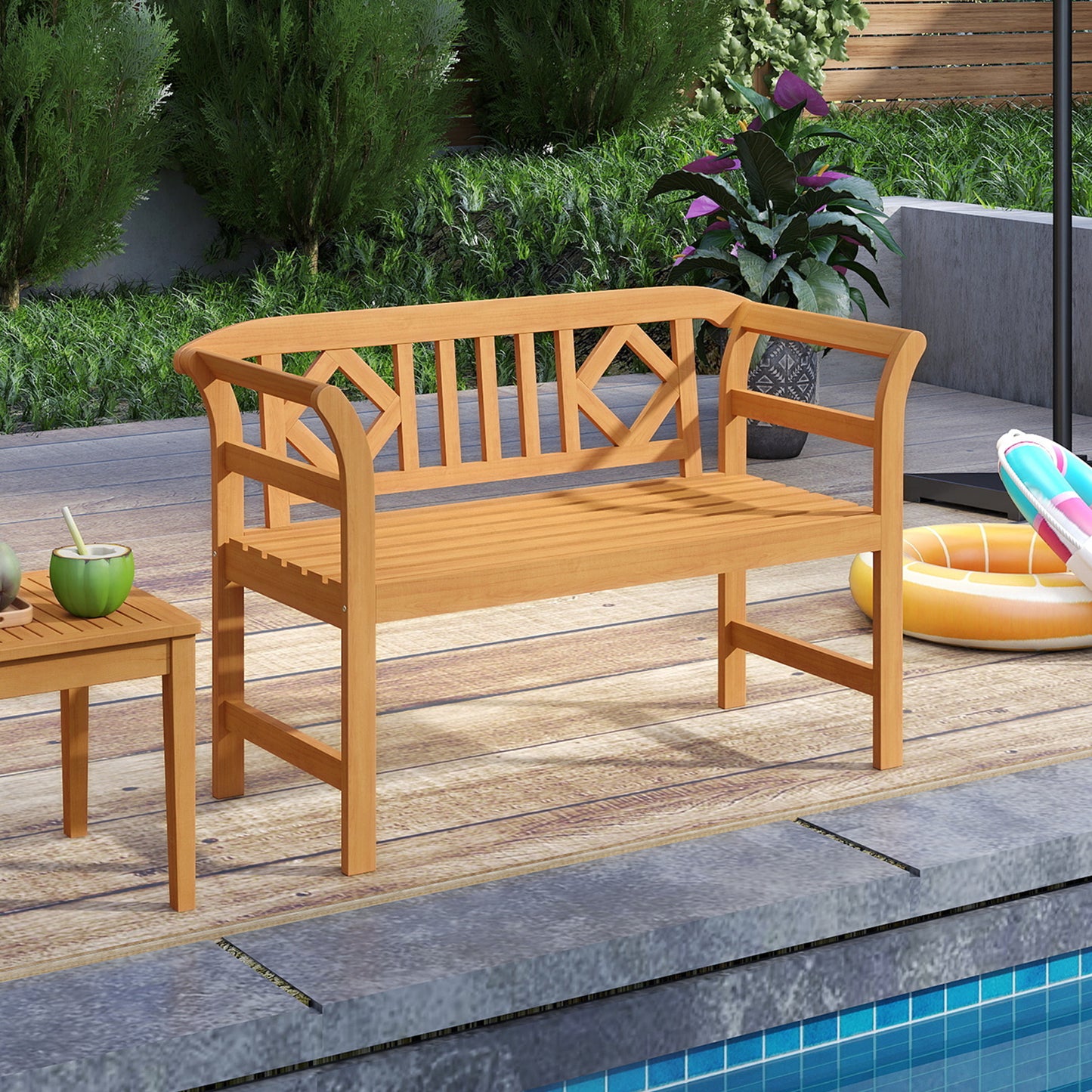 Acacia Wood 2-Person Patio Loveseat with Backrest & Armrests