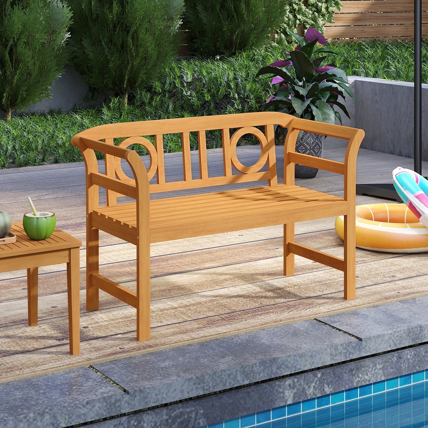 Acacia Wood 2-Person Patio Loveseat with Backrest & Armrests
