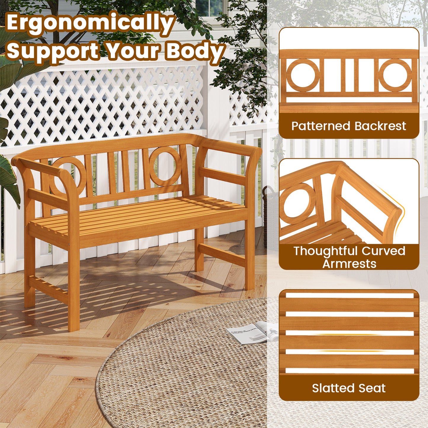 Acacia Wood 2-Person Patio Loveseat with Backrest & Armrests