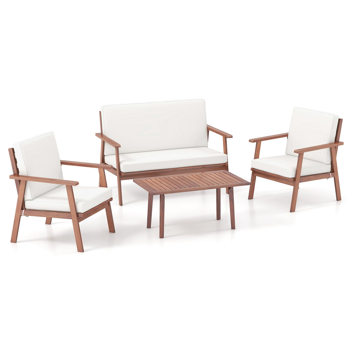 4 Piece Outdoor Acacia Wood Conversation Set with Soft Seat and Back Cushions