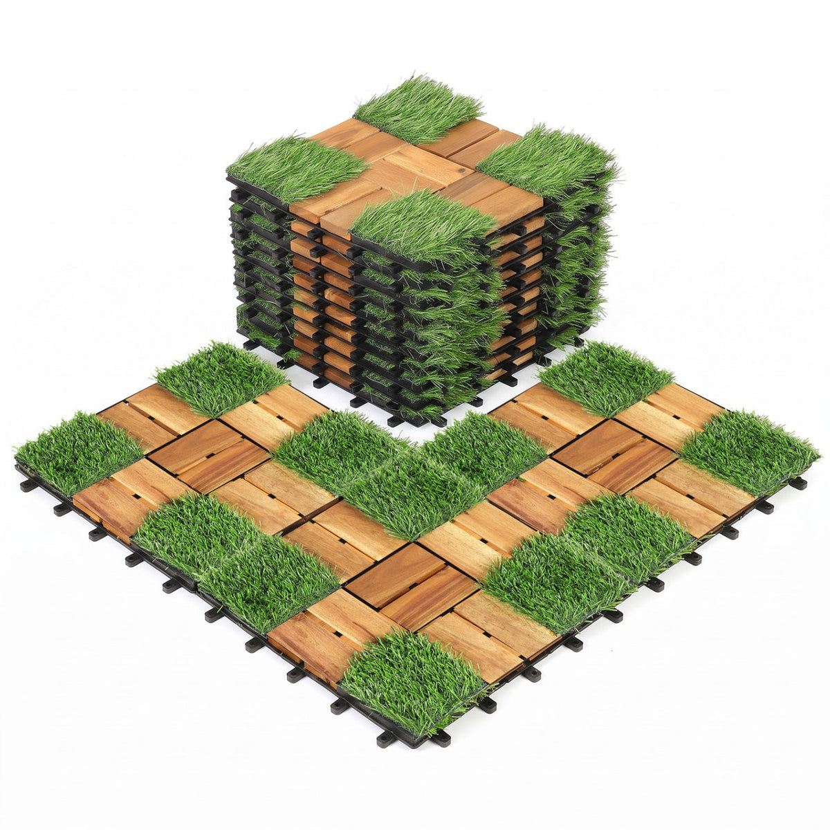 Acacia Wood Interlocking Deck Tiles with Artificial Grass