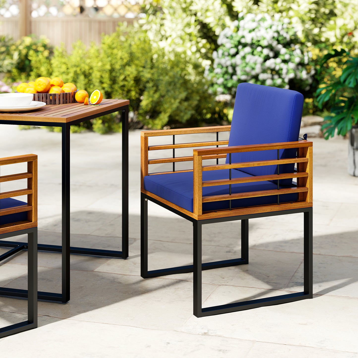 Acacia Wood Patio Dining Chairs Set of 2 with Navy Cushions