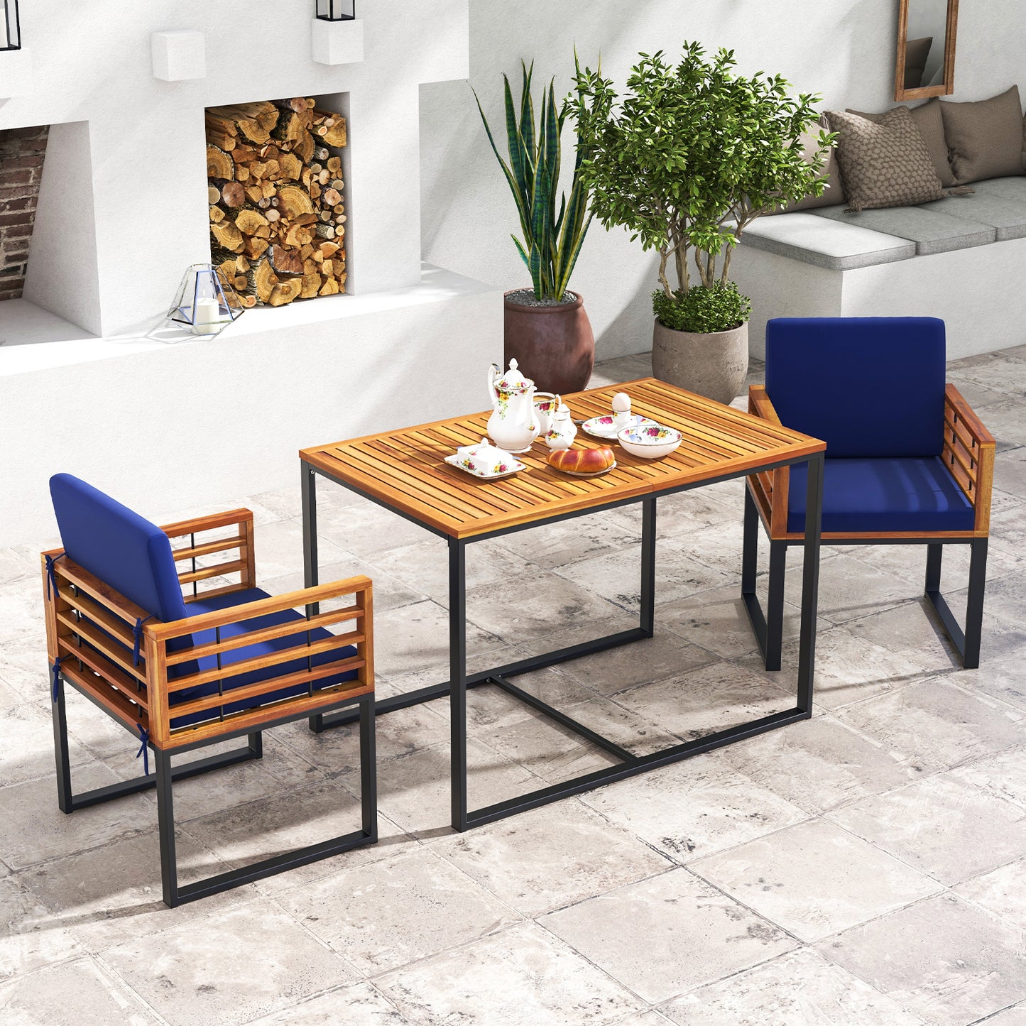 Acacia Wood Patio Dining Chairs Set of 2 with Navy Cushions