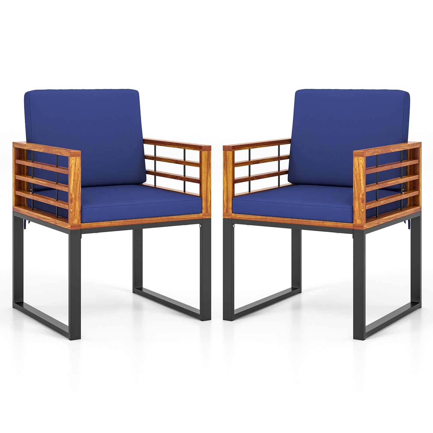 Acacia Wood Patio Dining Chairs Set of 2 with Navy Cushions