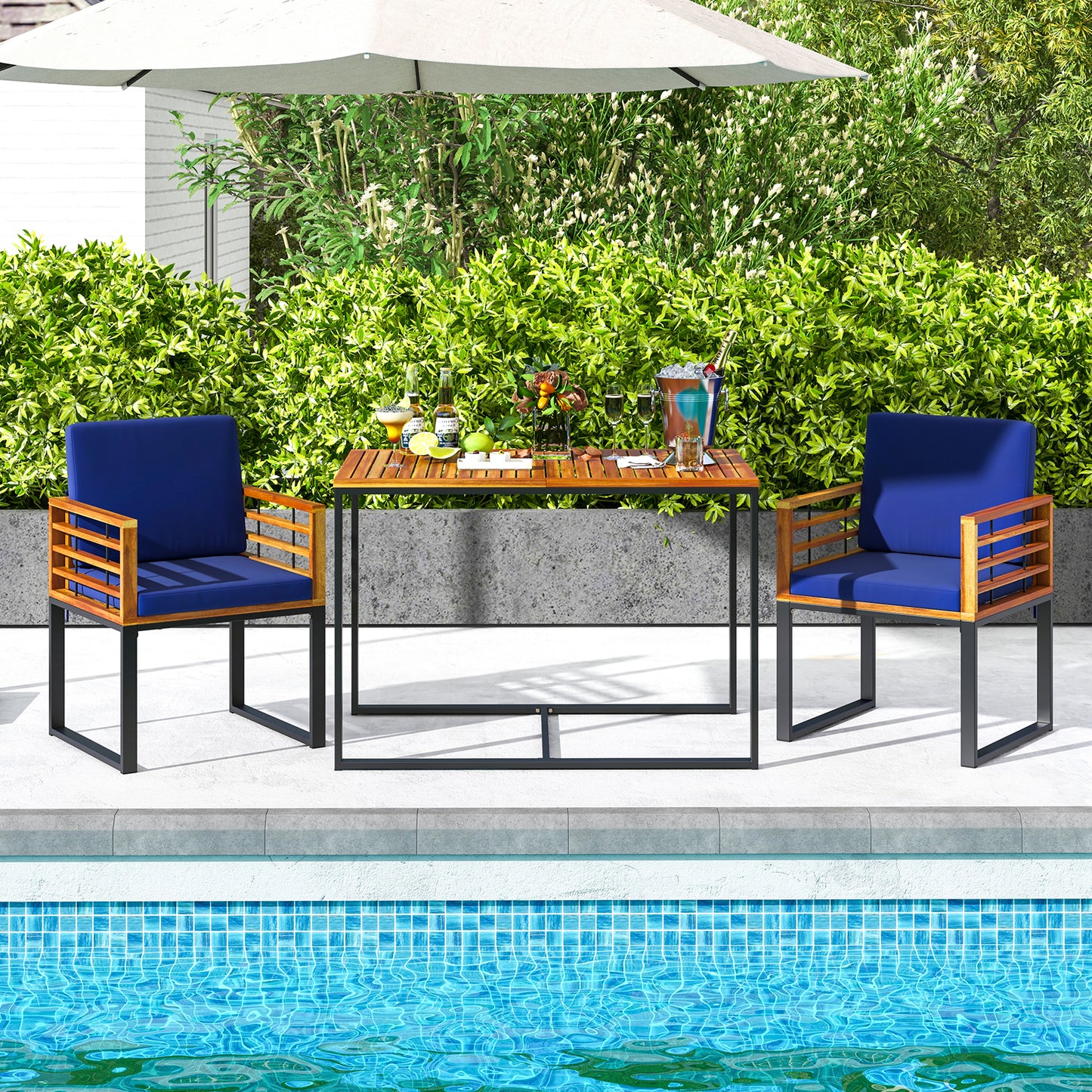 Acacia Wood Patio Dining Chairs Set of 2 with Navy Cushions