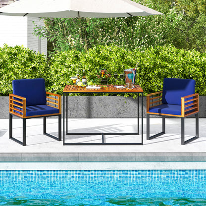 Acacia Wood Patio Dining Chairs Set of 2 with Navy Cushions