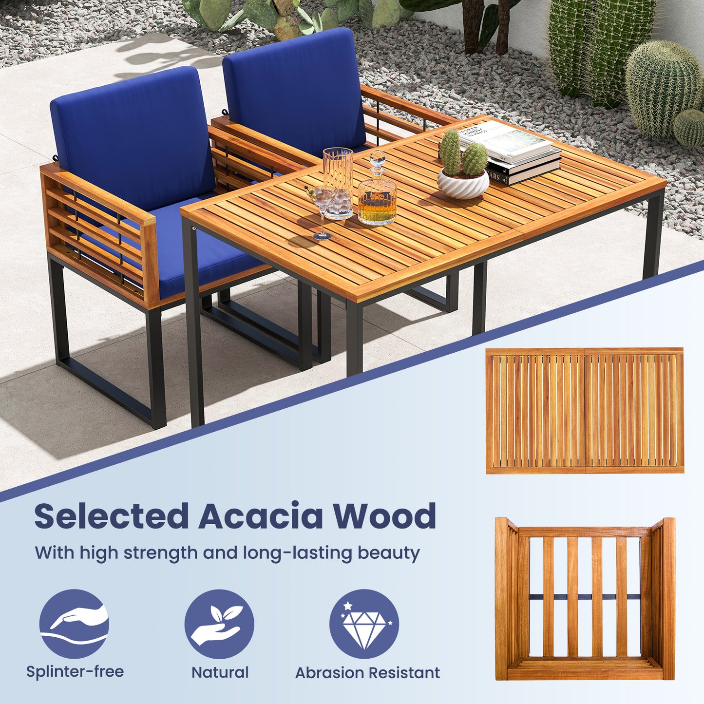 Acacia Wood Patio Dining Chairs Set of 2 with Navy Cushions
