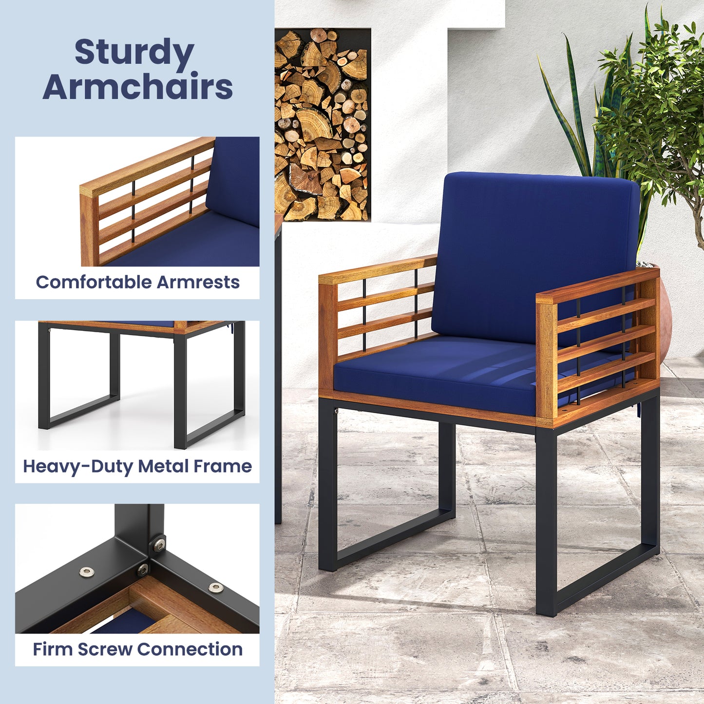 Acacia Wood Patio Dining Chairs Set of 2 with Navy Cushions