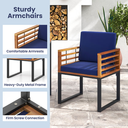 Acacia Wood Patio Dining Chairs Set of 2 with Navy Cushions