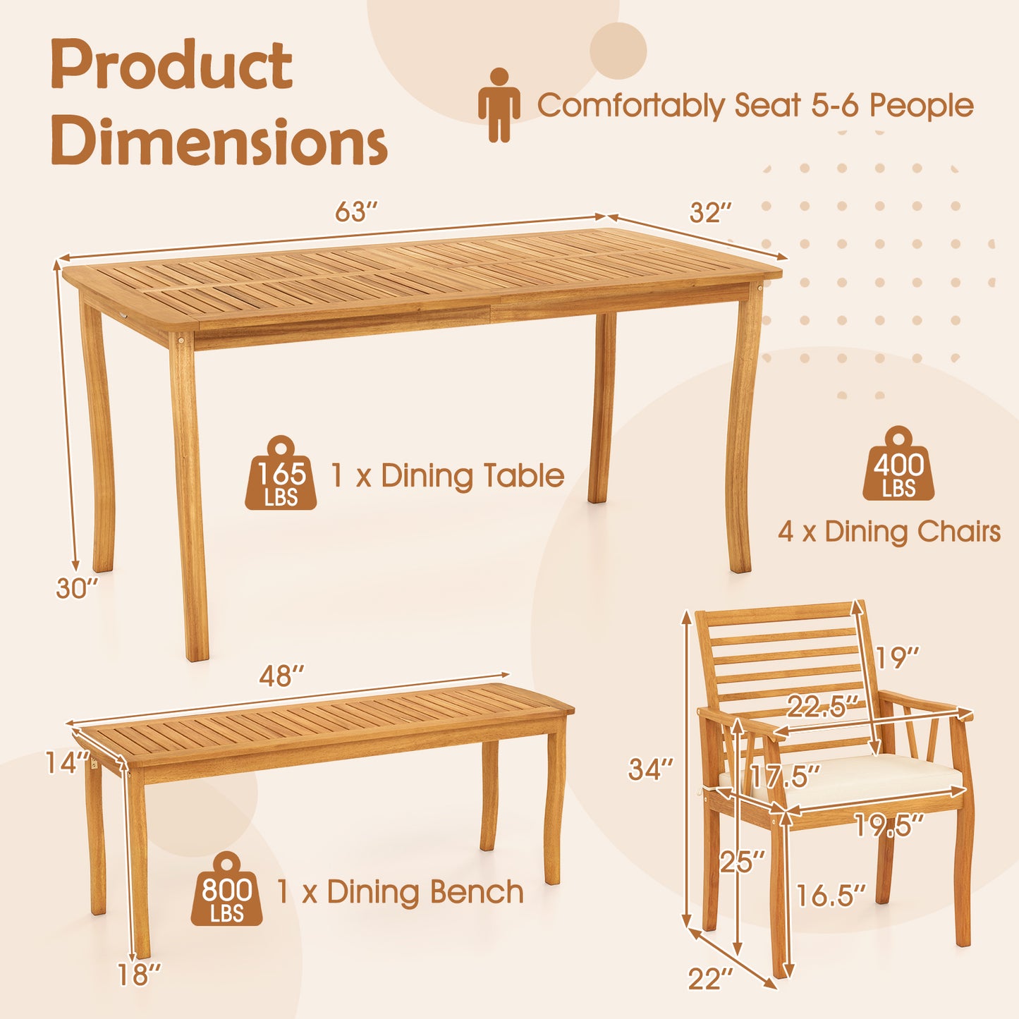 Acacia Wood Patio Dining Set with Umbrella Hole for 6 People