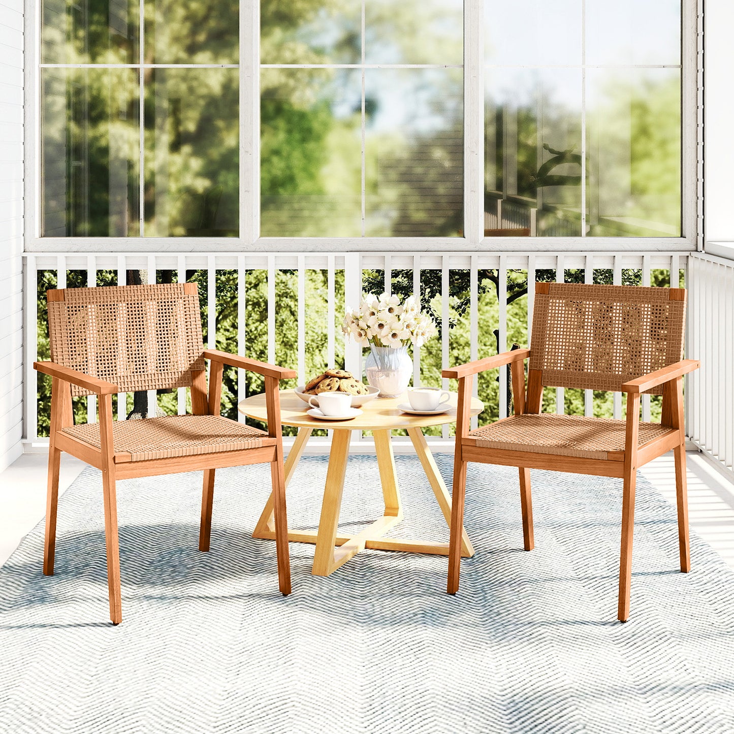 Acacia Wood Patio Dining Chairs Set of 2 with PE Rattan