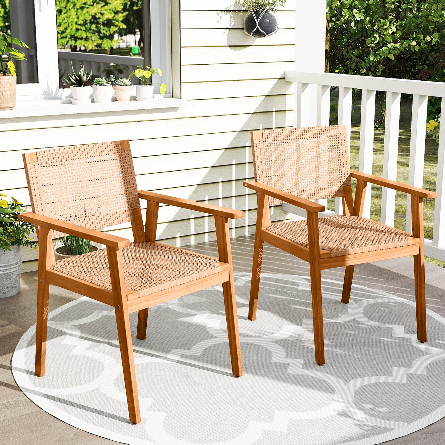 Acacia Wood Patio Dining Chairs Set of 2 with PE Rattan