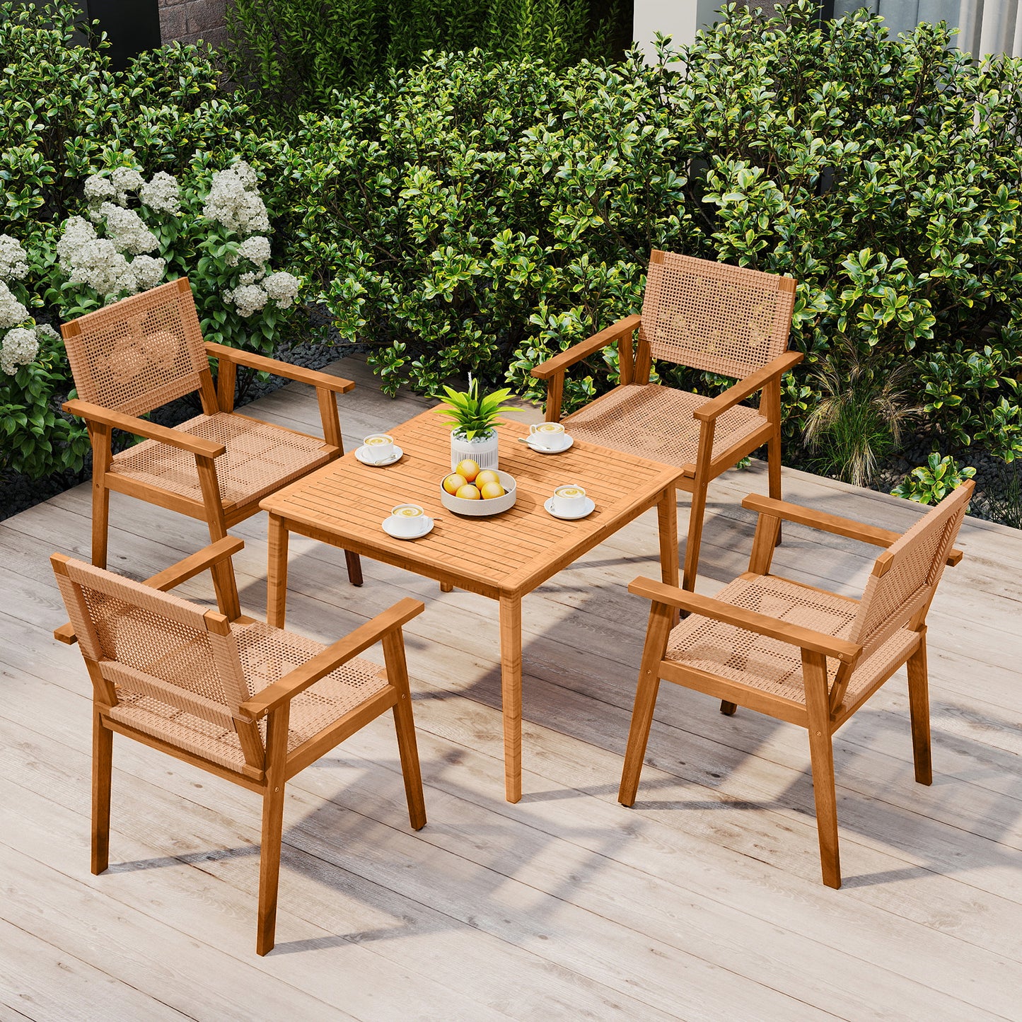 Acacia Wood Patio Dining Chairs Set of 2 with PE Rattan