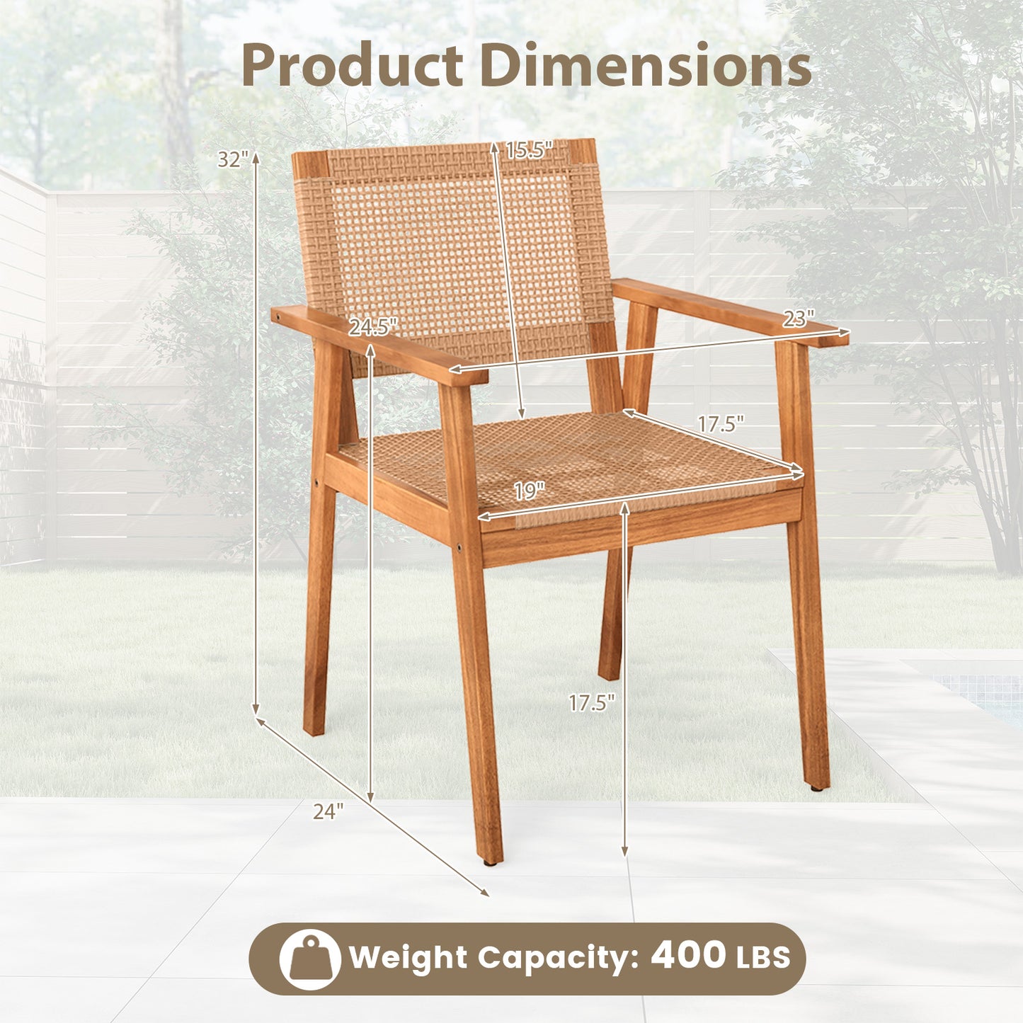 Acacia Wood Patio Dining Chairs Set of 2 with PE Rattan