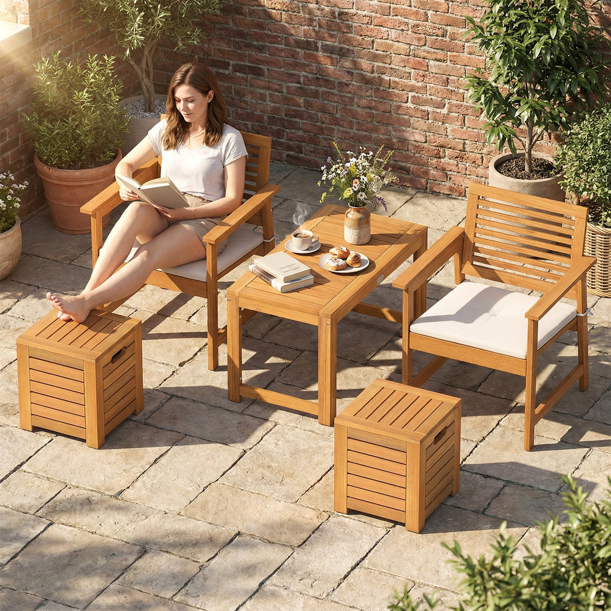 Acacia Wood Outdoor Coffee Table with Stools Set of 2 3 Pieces Patio Table and Stools Set