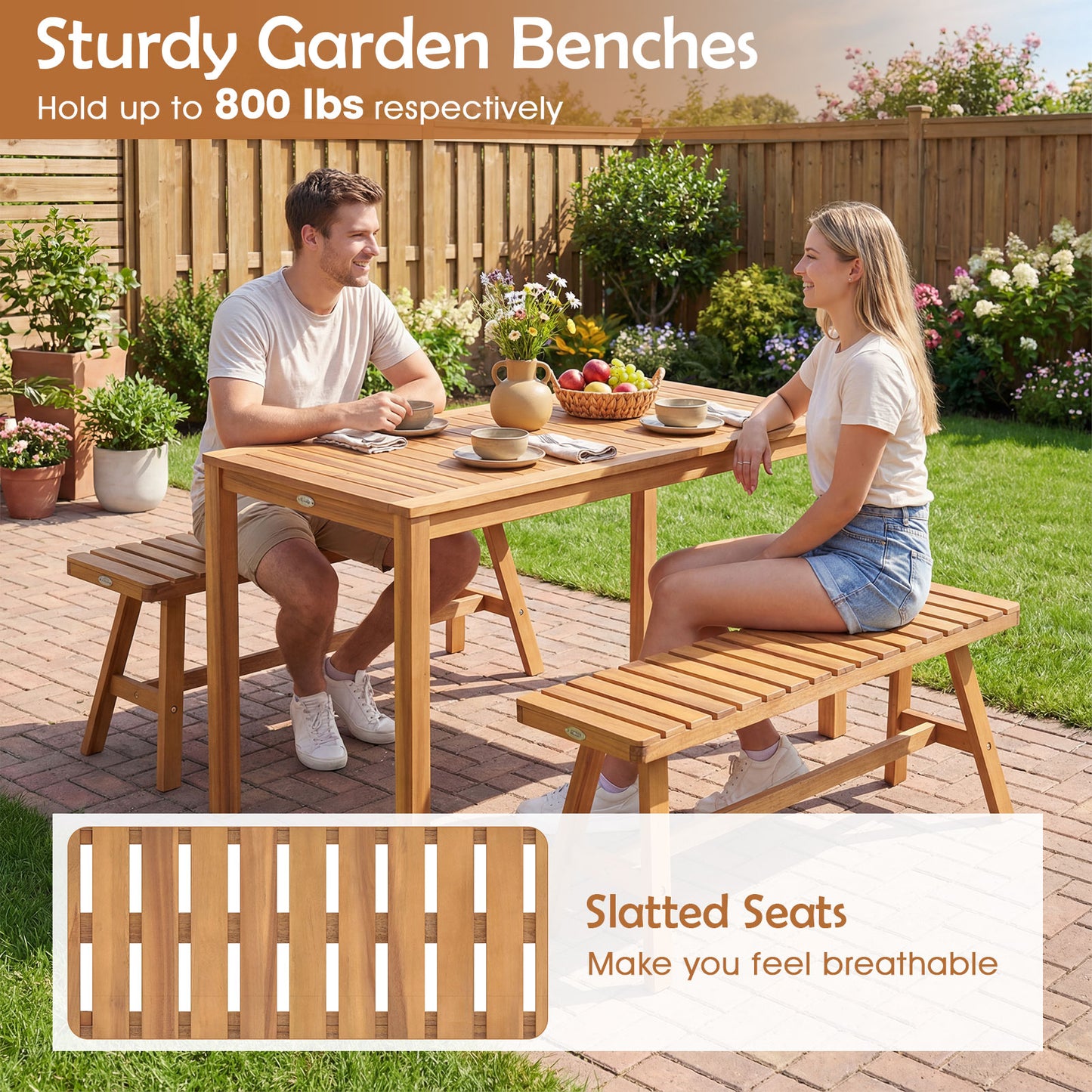 Acacia Wood Outdoor Garden Bench - 800 lbs Capacity