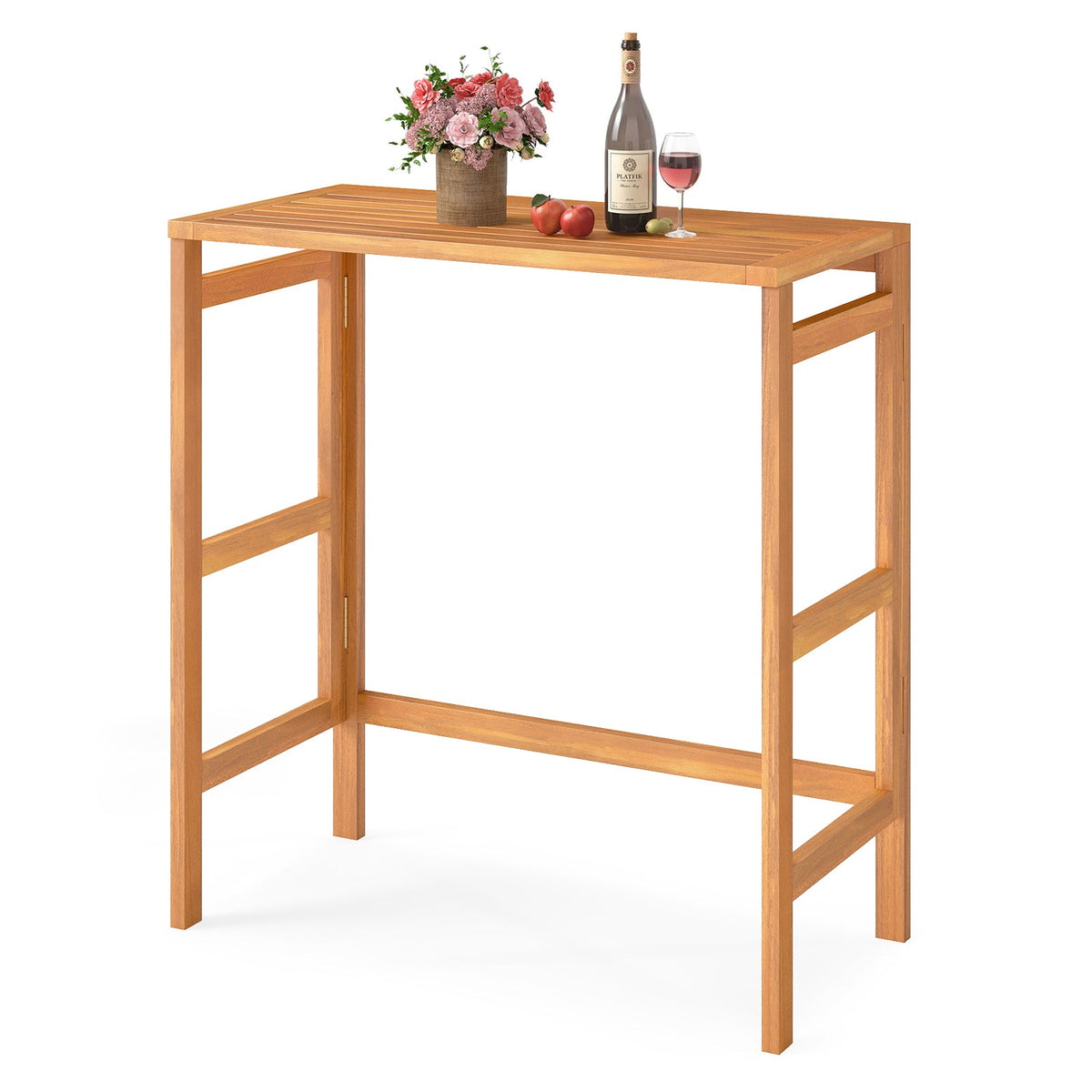 Acacia Wood Outdoor Bar Table with Slatted Tabletop for Balcony