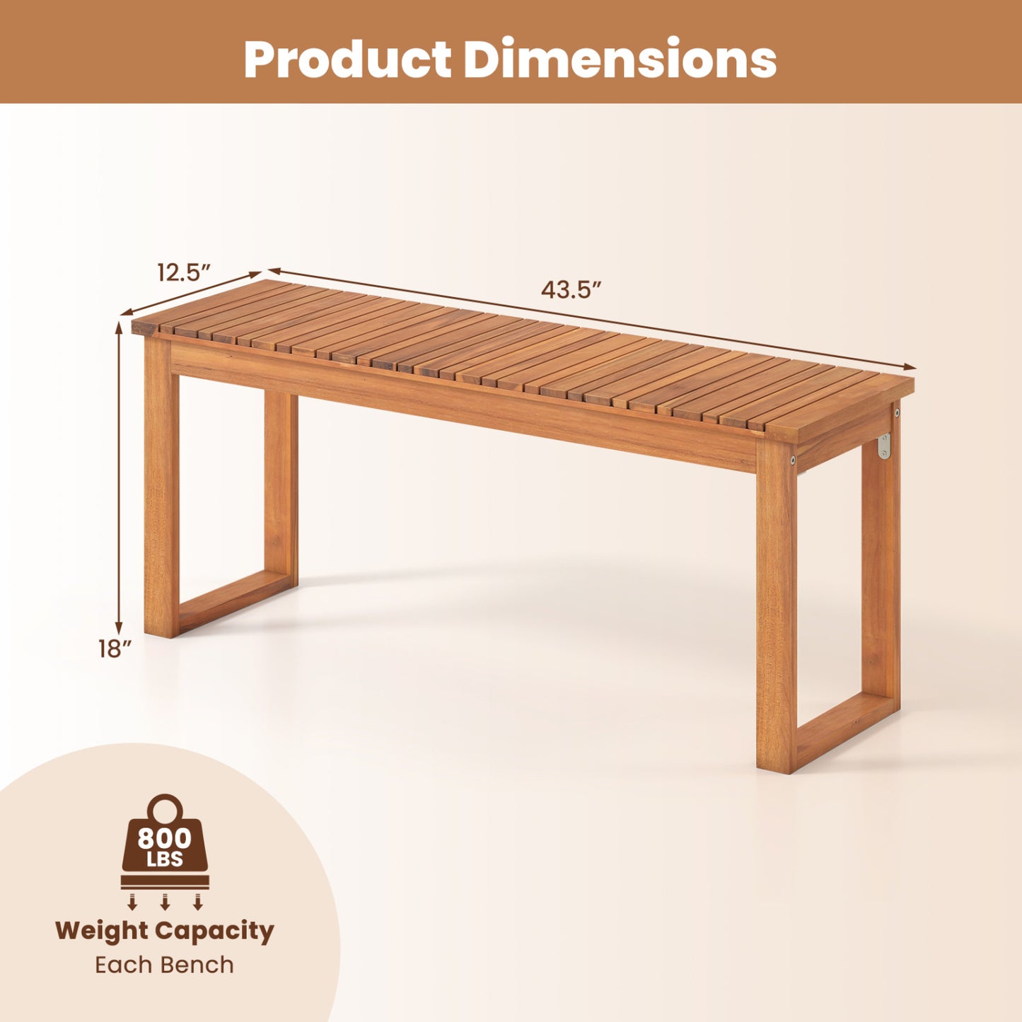 Acacia Wood Outdoor Garden Bench - 43.5" Slatted Seat